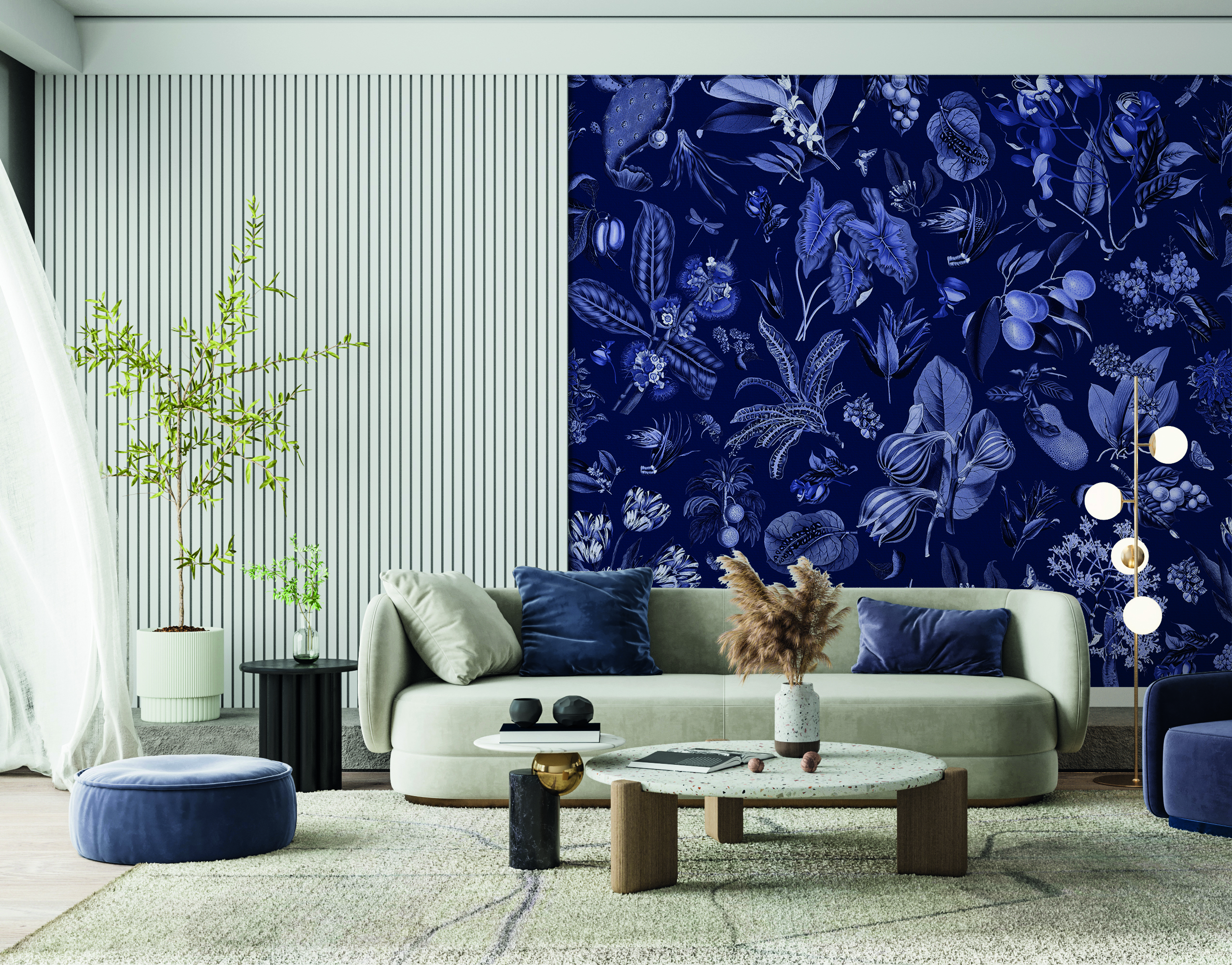 Tapet jardin d'autrefois, bleu de minuit, papermint 