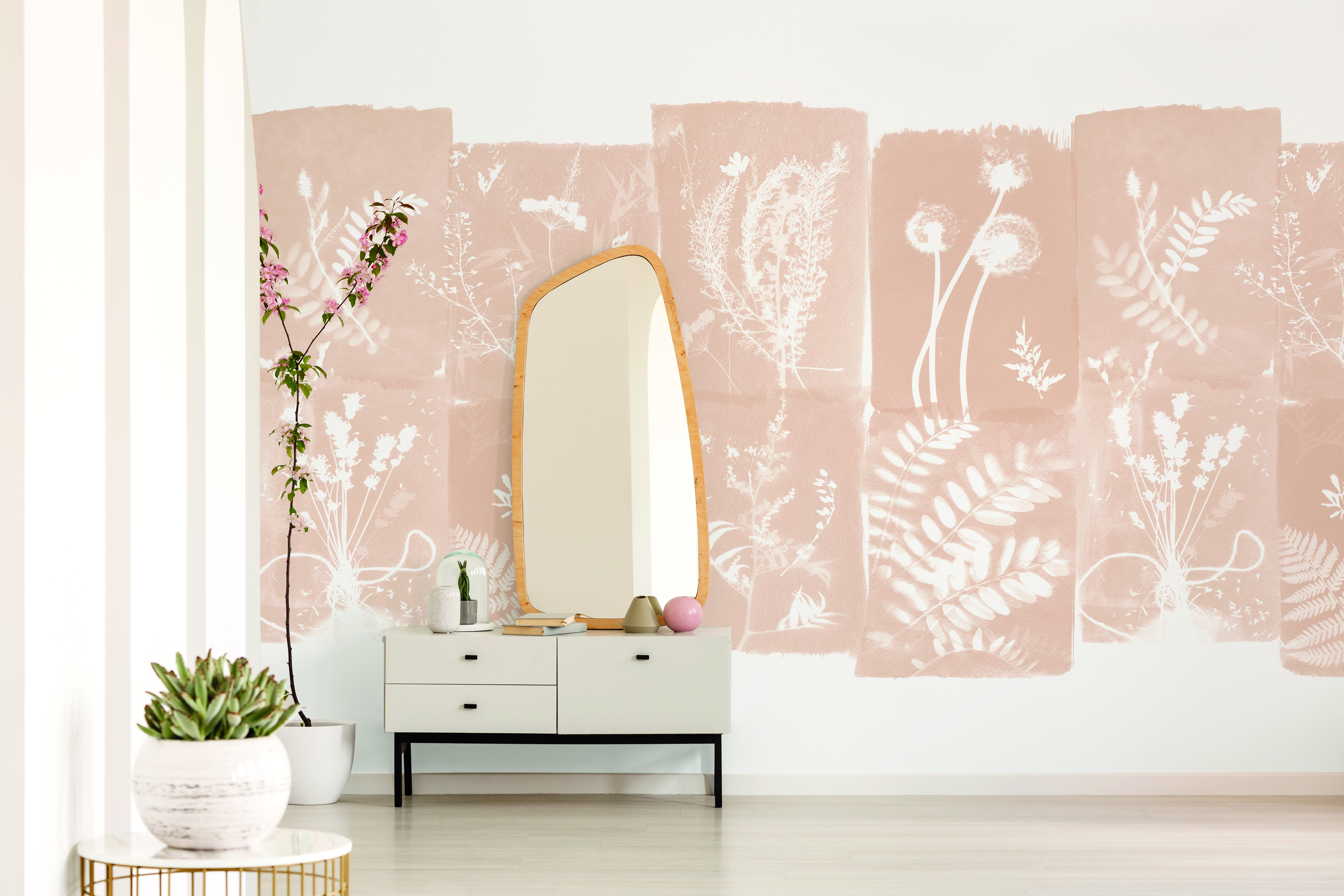 Tapet cyanotype fleurs des champs, beige solaire, papermint 