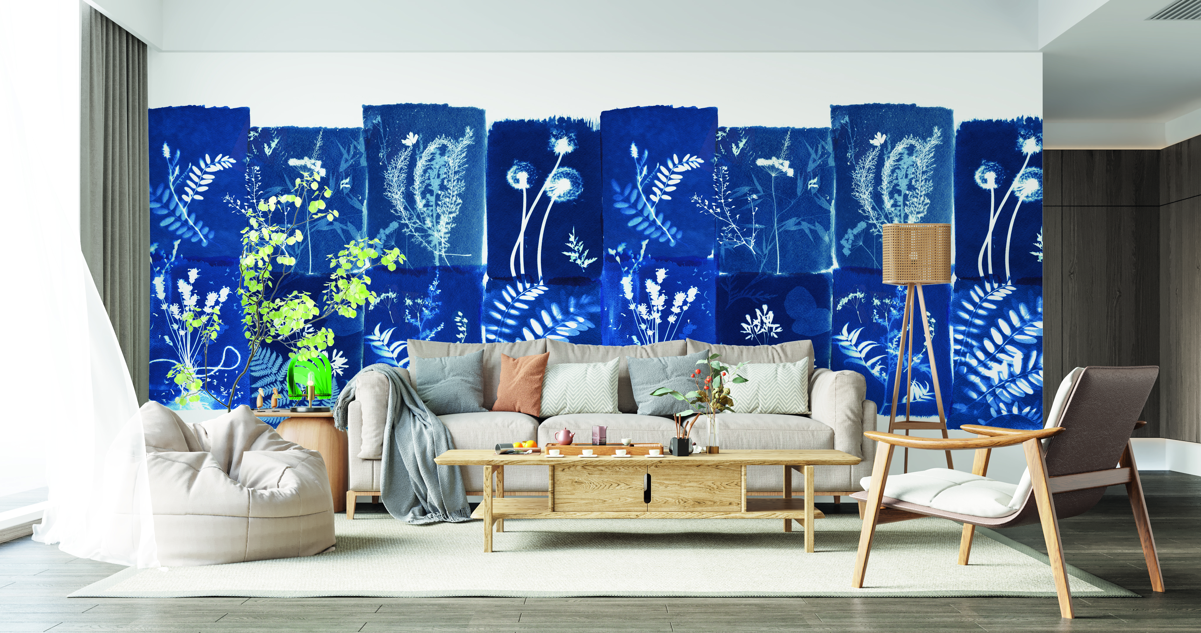 Tapet cyanotype fleurs des champs, bleu denim, papermint 