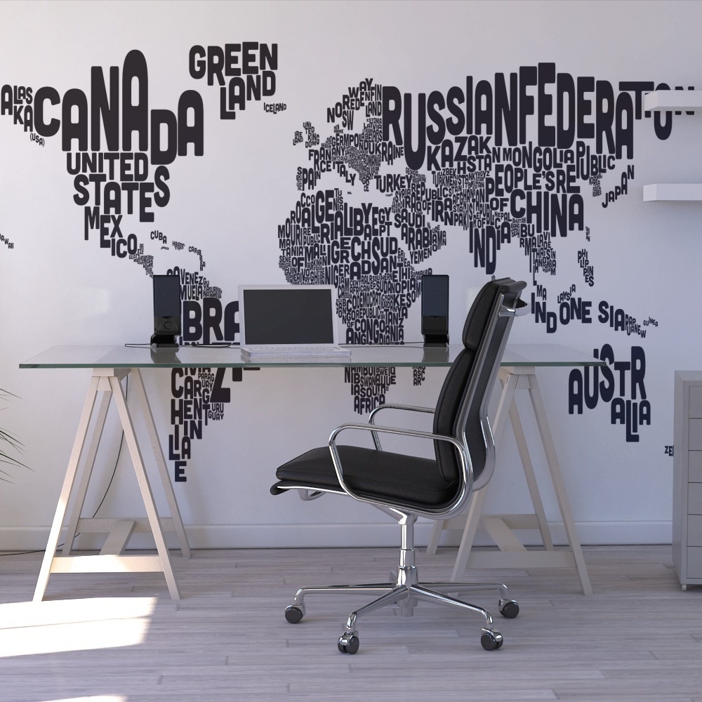 Fototapet tipografic text harta lumii, negru, personalizat, photowall 