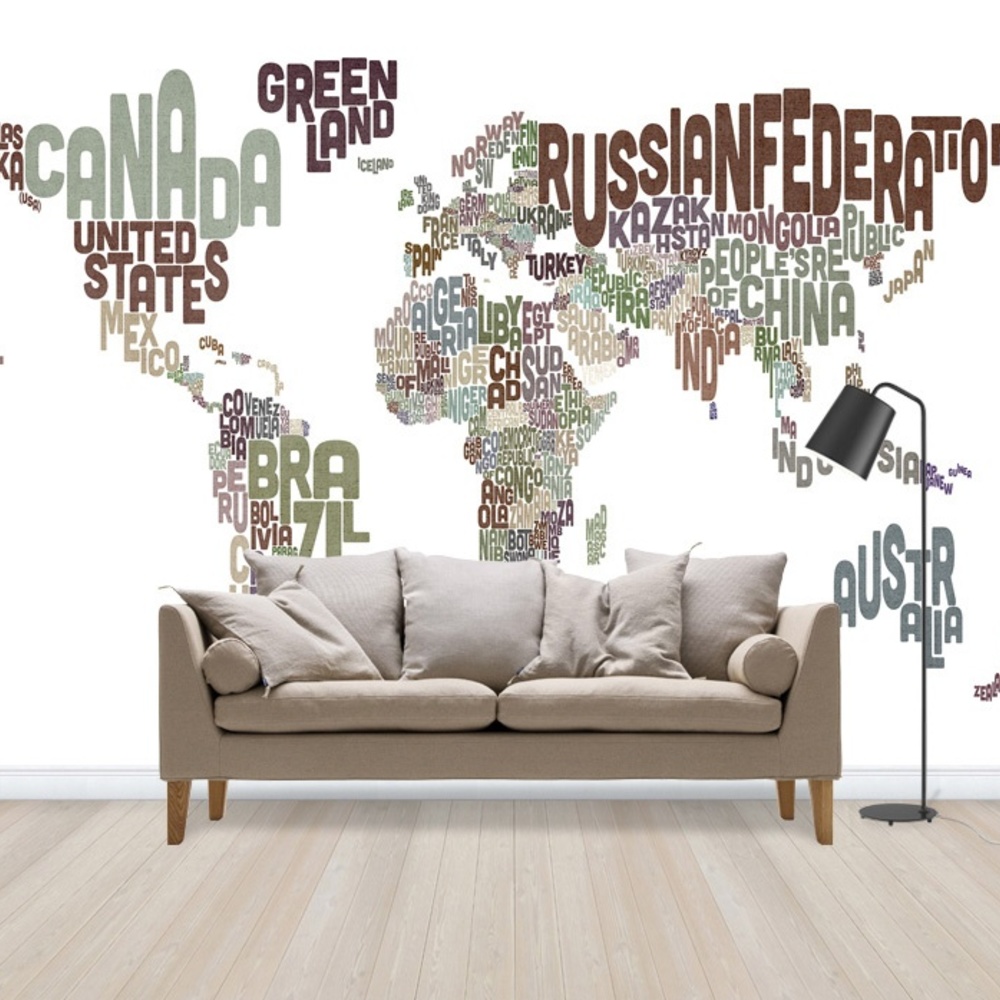 Fototapet tipogarfic text harta lumii brown, personalizat, photowall 