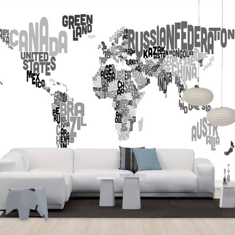 Fototapet tipografic text harta lumii, negru cu gri, personalizat, photowall 