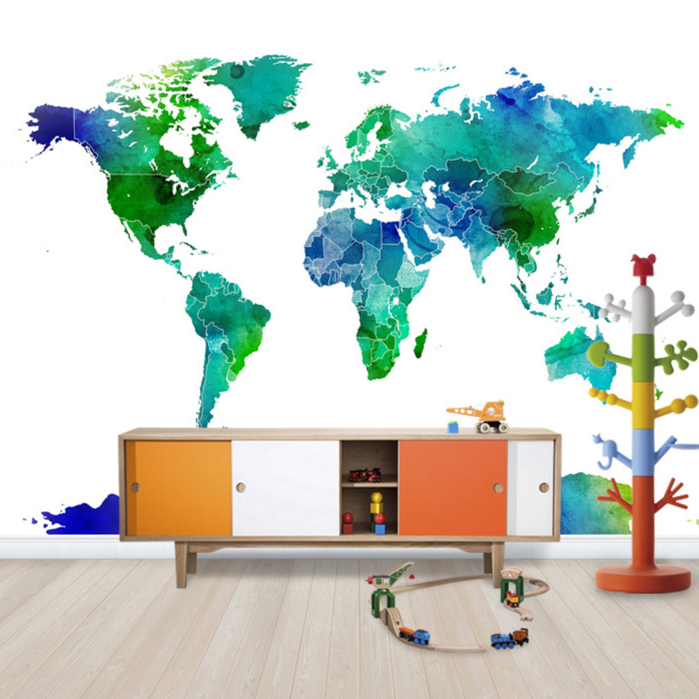 Fototapet watercolor harta lumii, albastru, verde, personalizat, photowall 