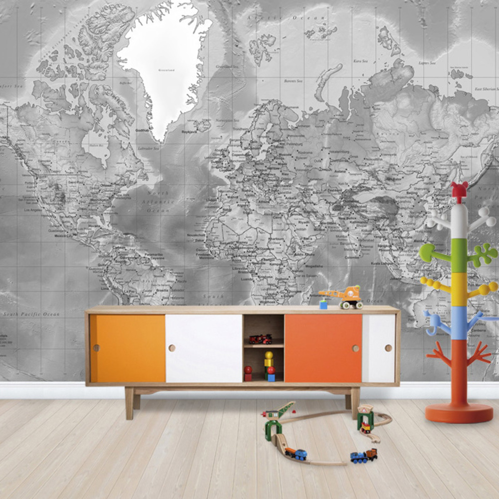Fototapet harta lumii detaliată - without roads - grey, personalizat, photowall 