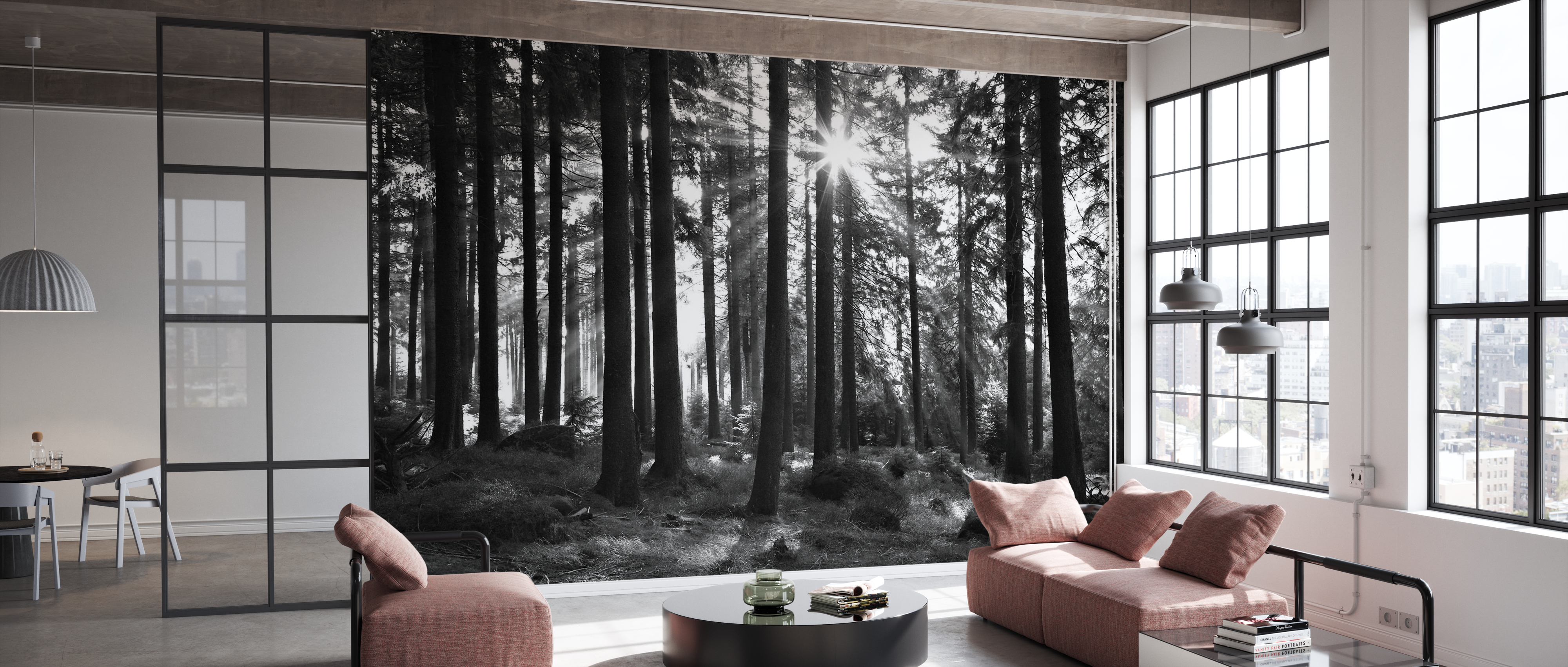 Tapet Sunbeam through Trees, Monochrome, Photowall