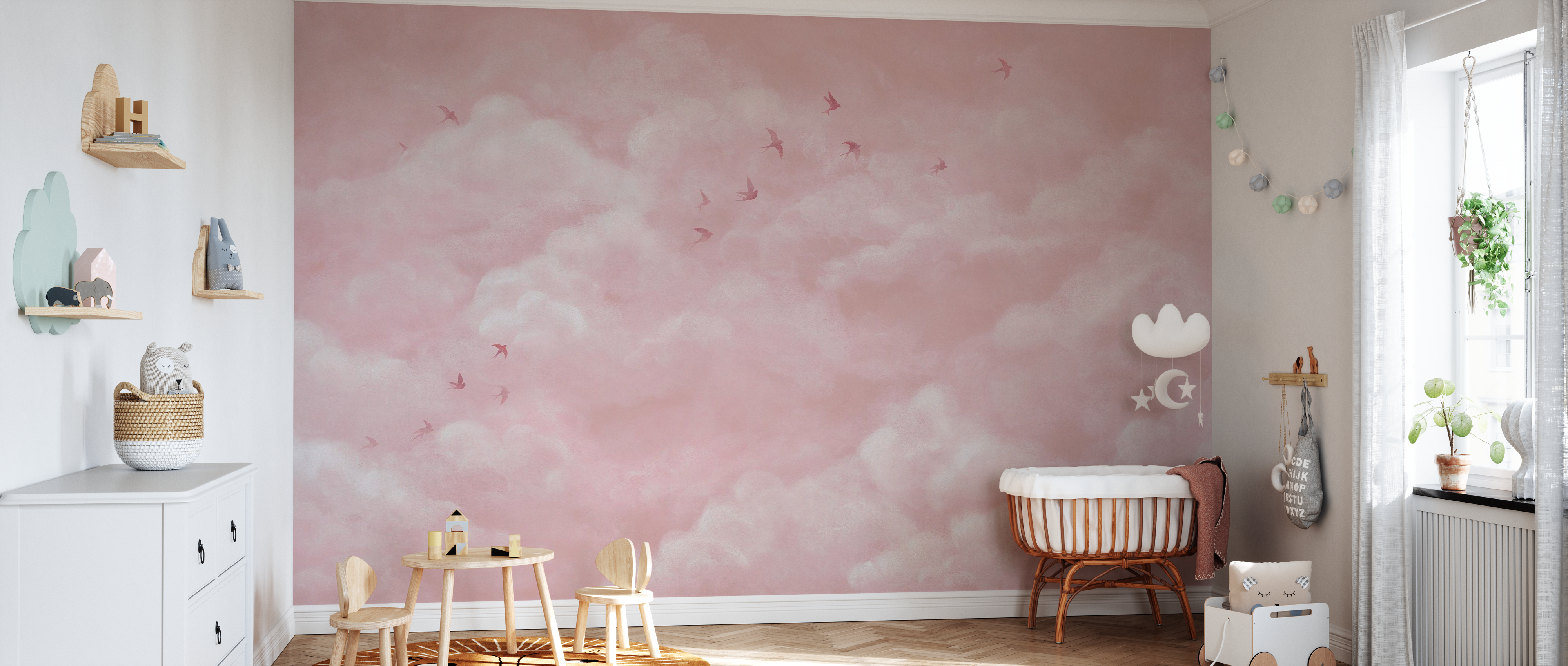 Tapet Tender Clouds with Swallows, Pink, Photowall