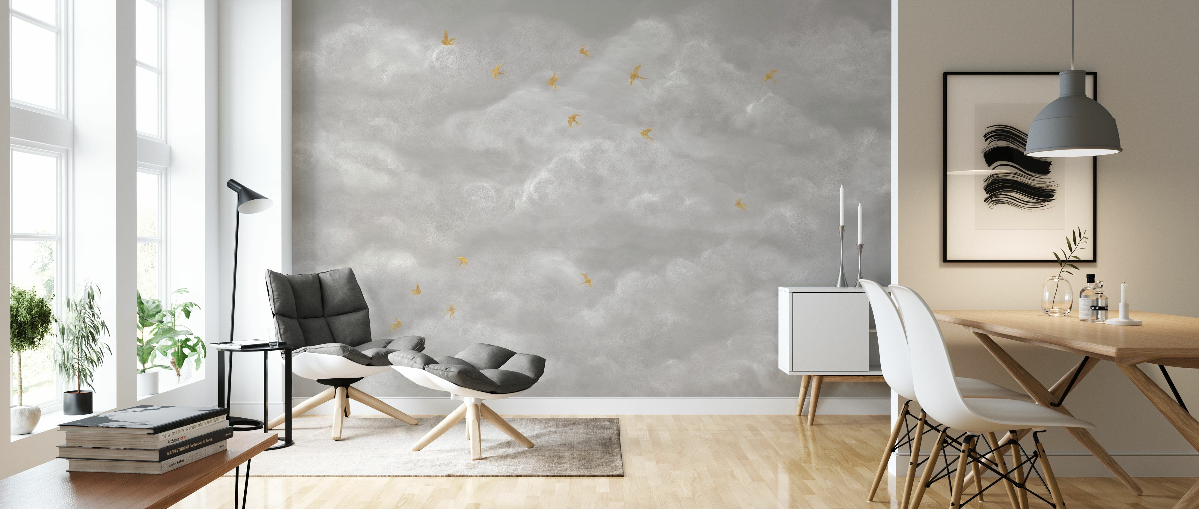 Tapet Tender Clouds with Yellow Swallows, Beige, Photowall