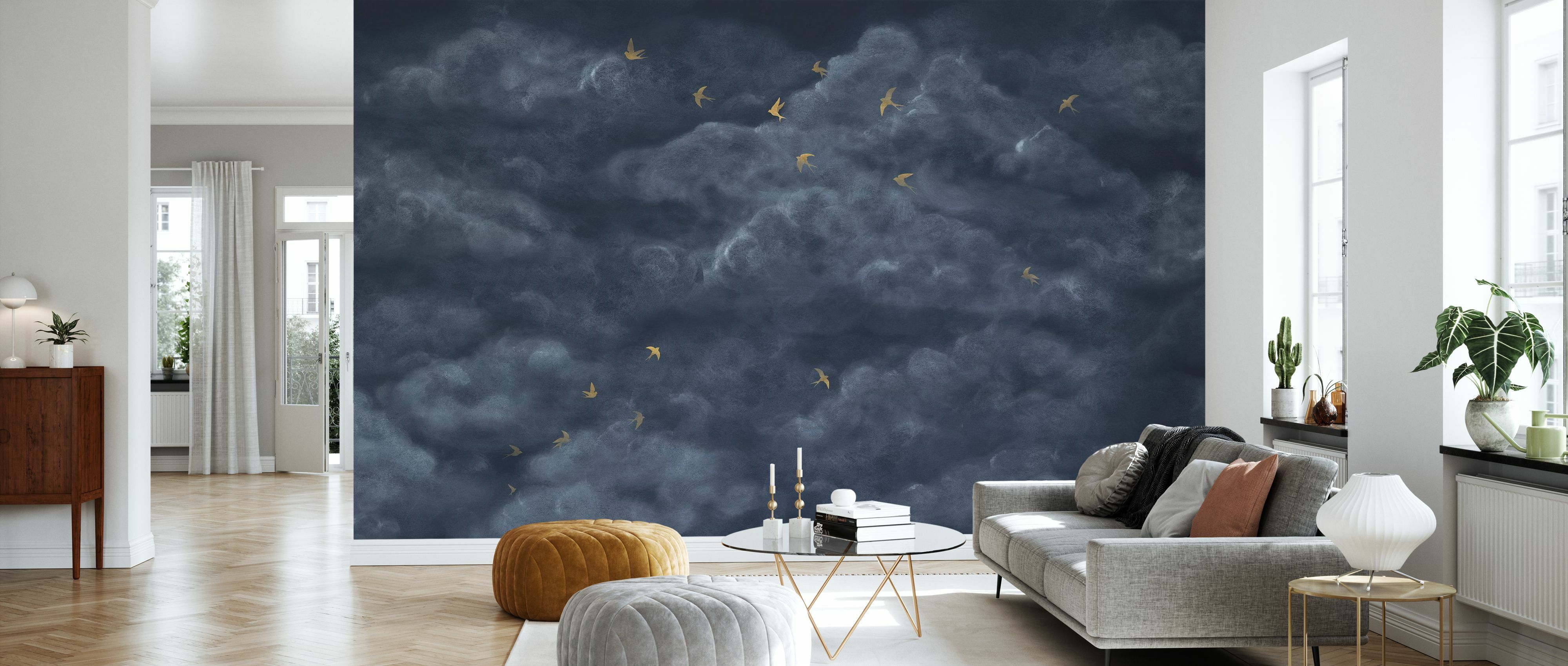 Tapet Tender Clouds with Yellow Swallows, Dark Blue, Photowall