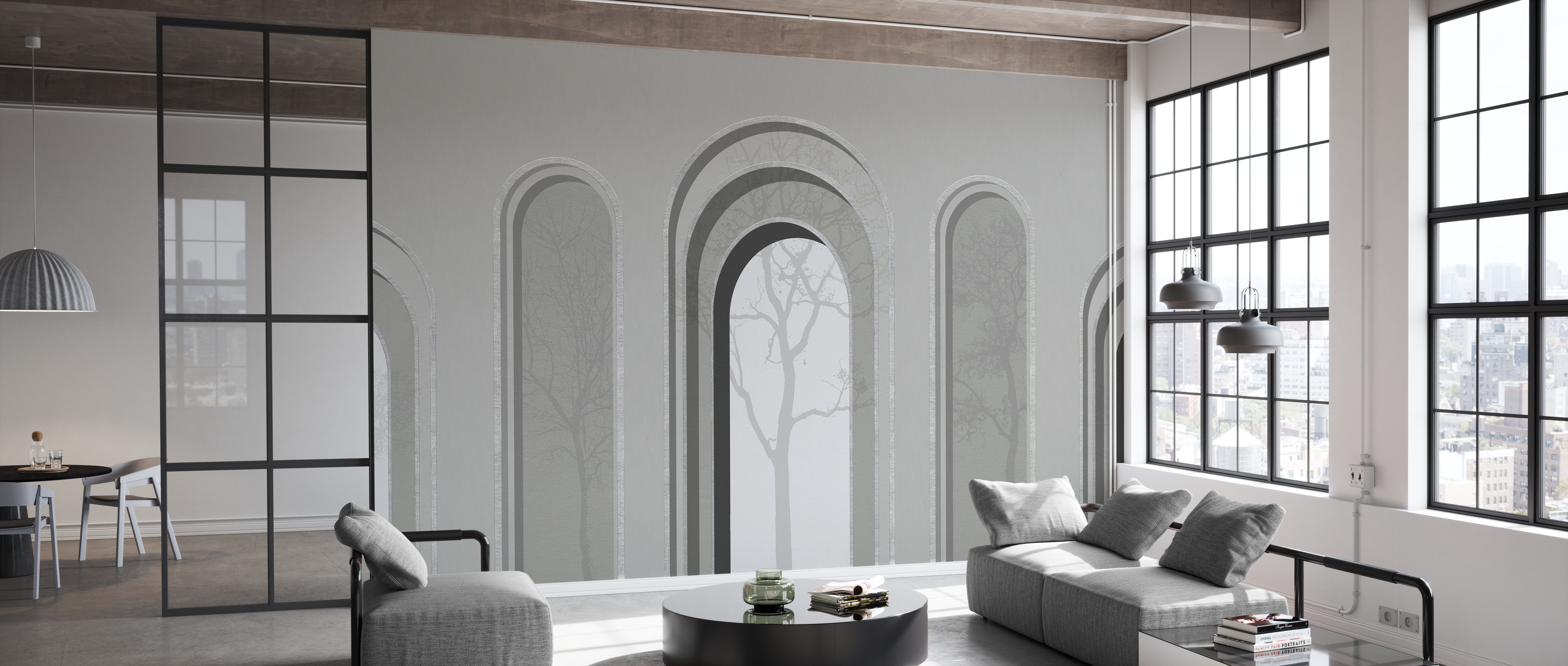 Tapet Arch Adornment with Trees, Gray, Photowall