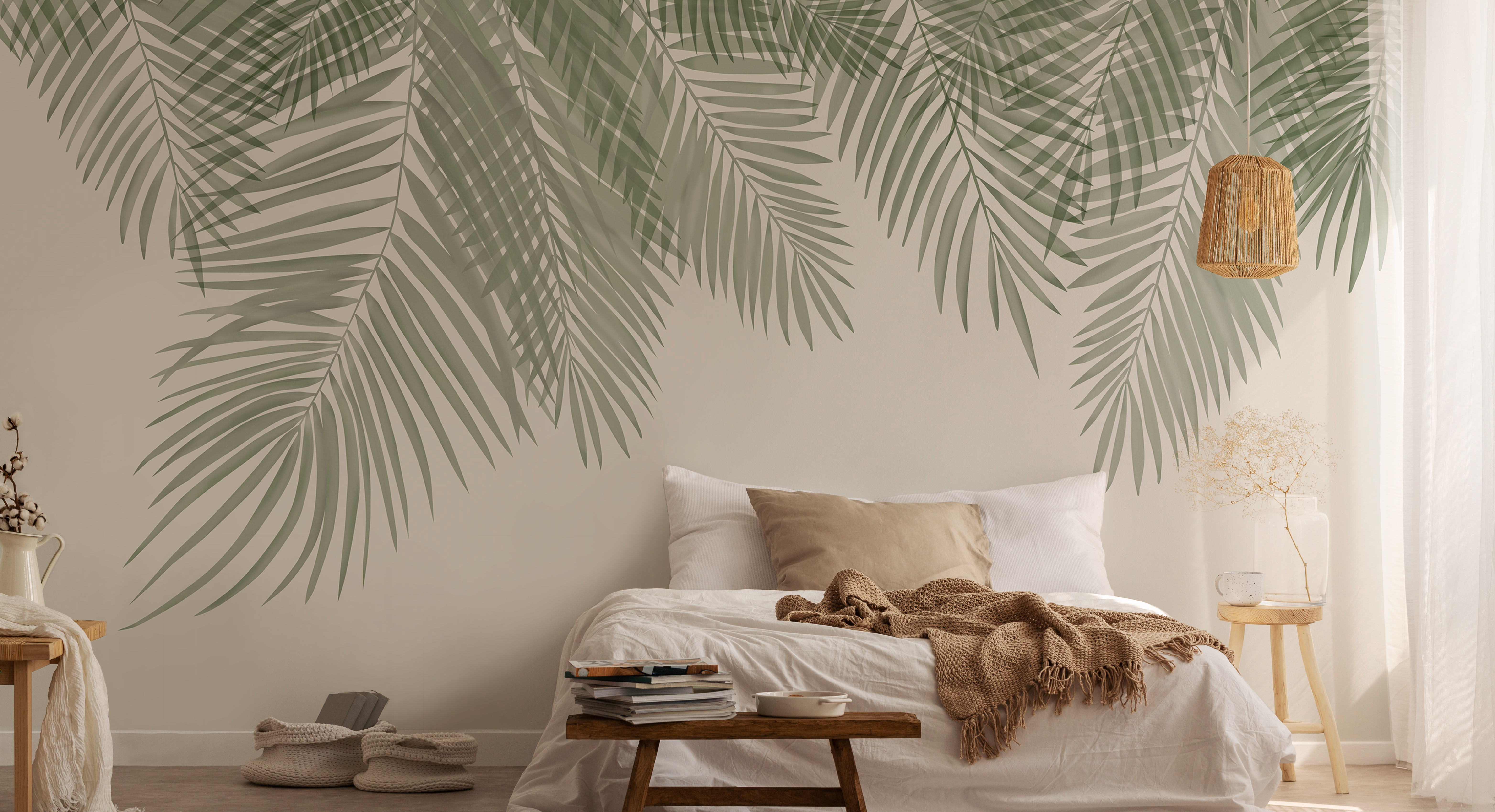 Tapet Hanging Palm Leaves, Beige-Green, Photowall