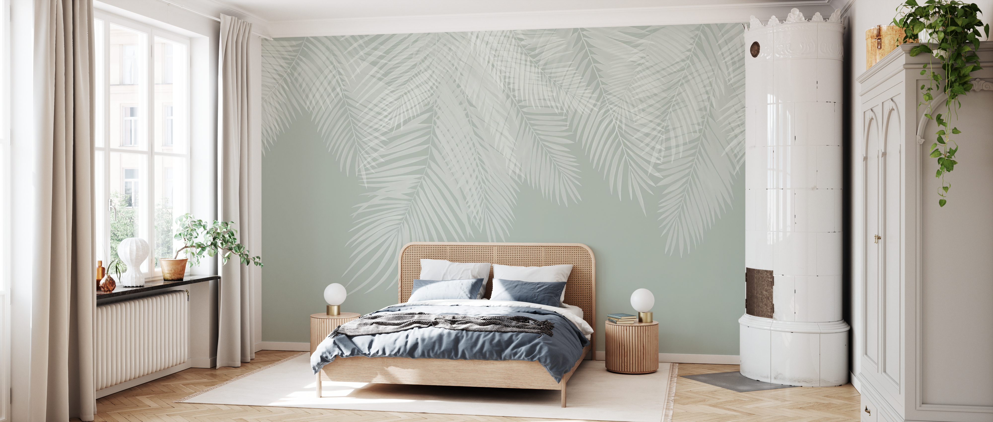 Tapet Hanging Palm Leaves, Green-White, Photowall