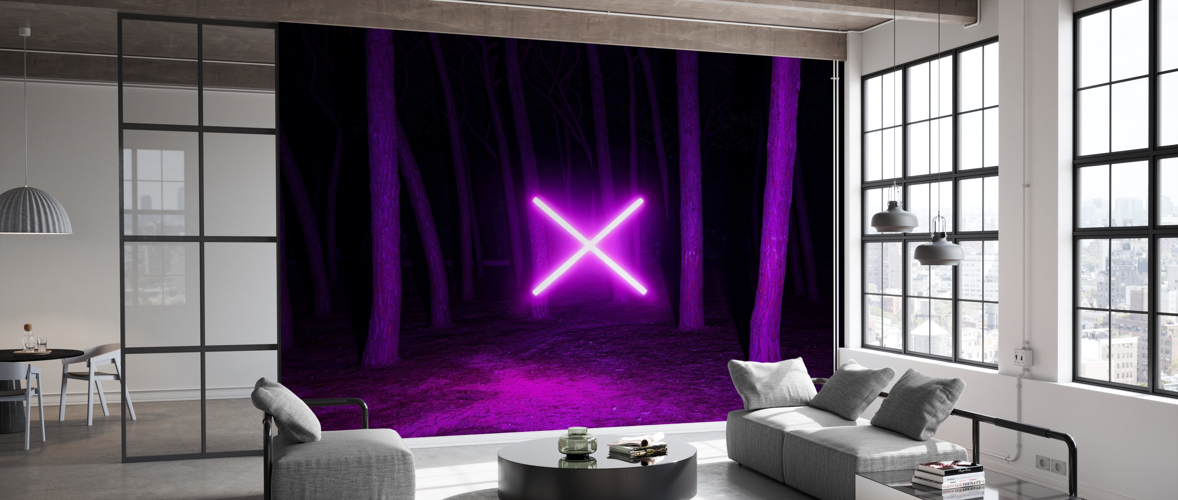 Tapet purple light in dark forest, photowall 