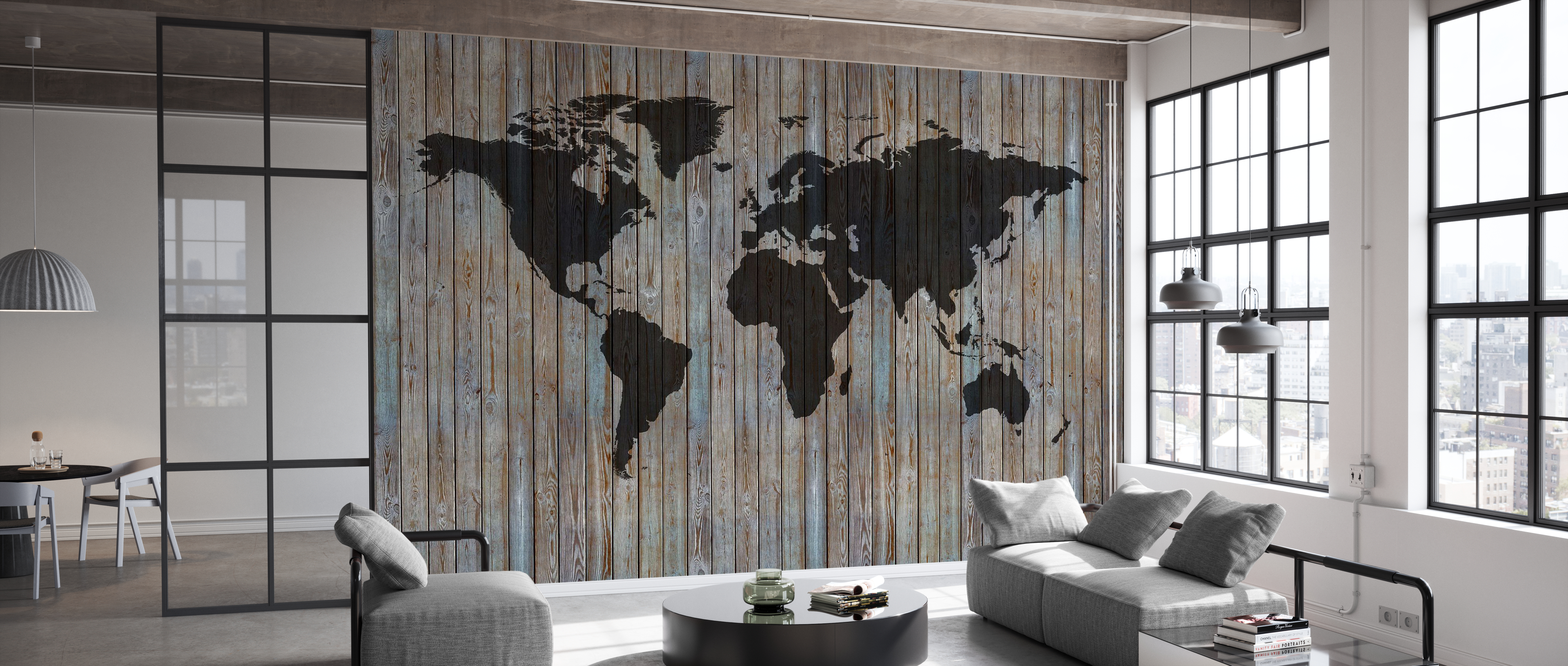 Tapet World Map Wooden Plank, Old Silver, Photowall