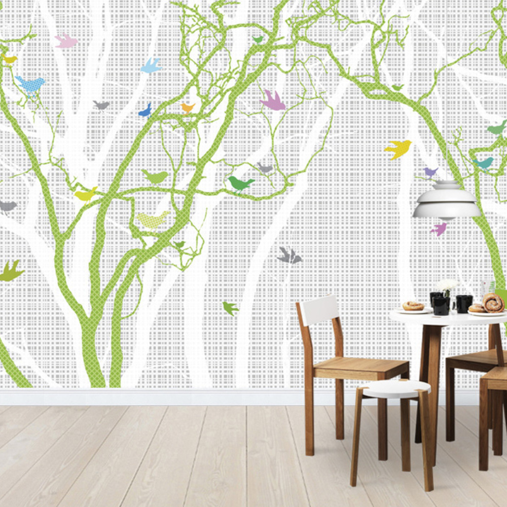 Fototapet copaci și păsări - verde, personalizat, photowall 