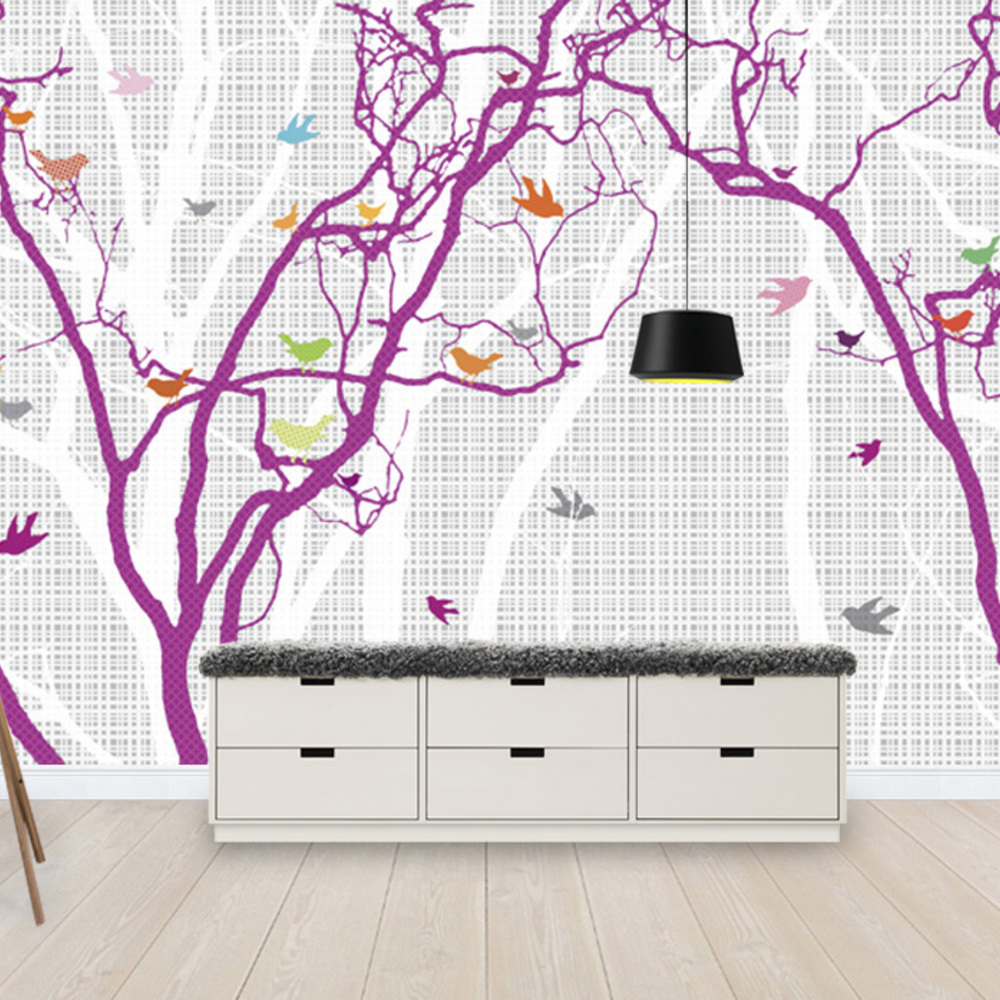 Fototapet copaci și păsări - mov, personalizat, photowall 