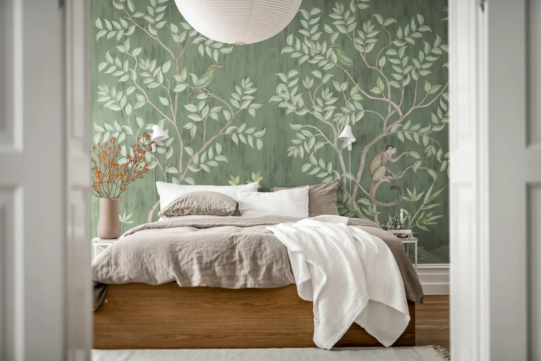 Tapet monkeys paradise, sage green, rebel walls 