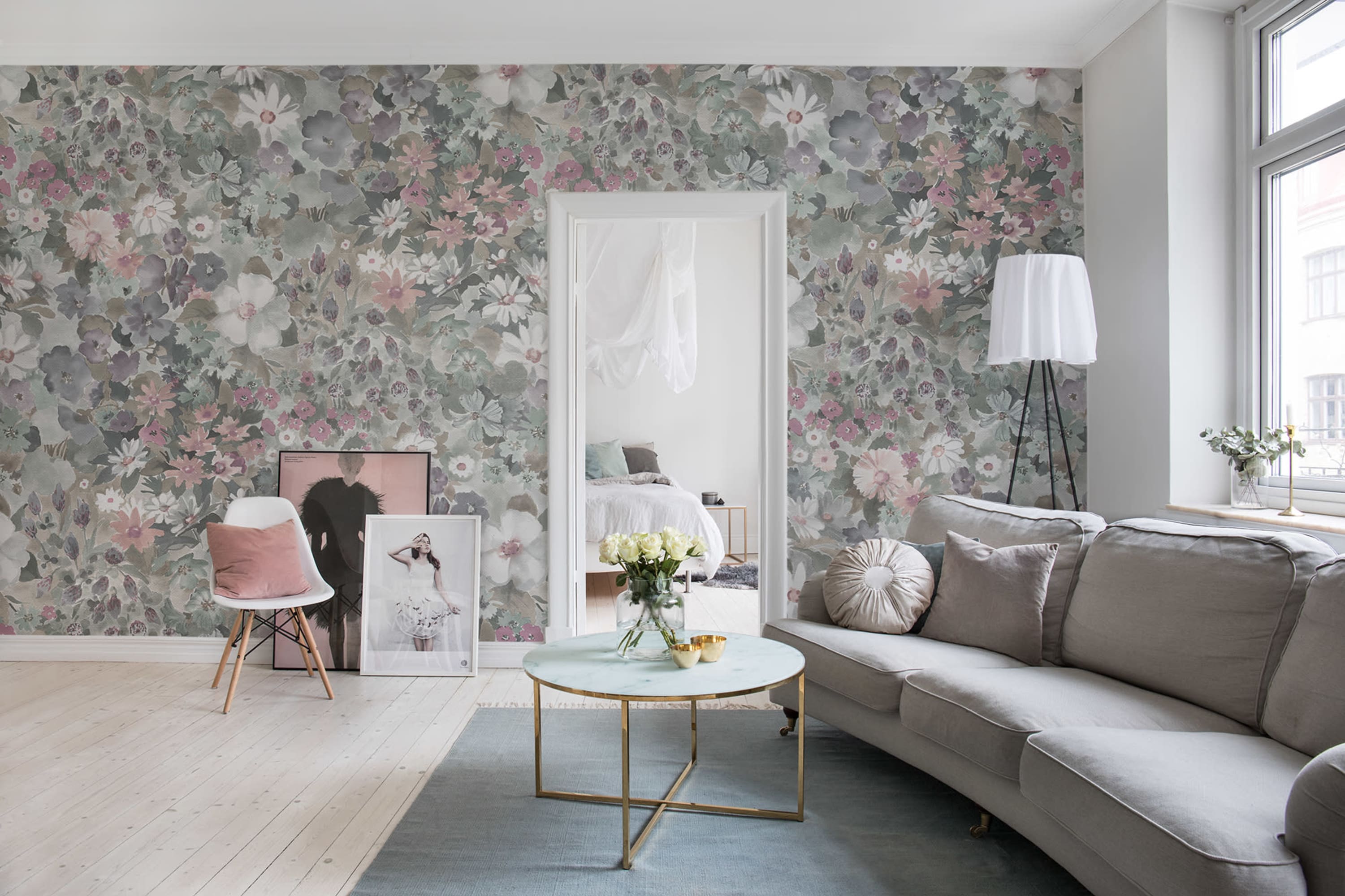 Tapet summer field, dusty pink, rebel walls