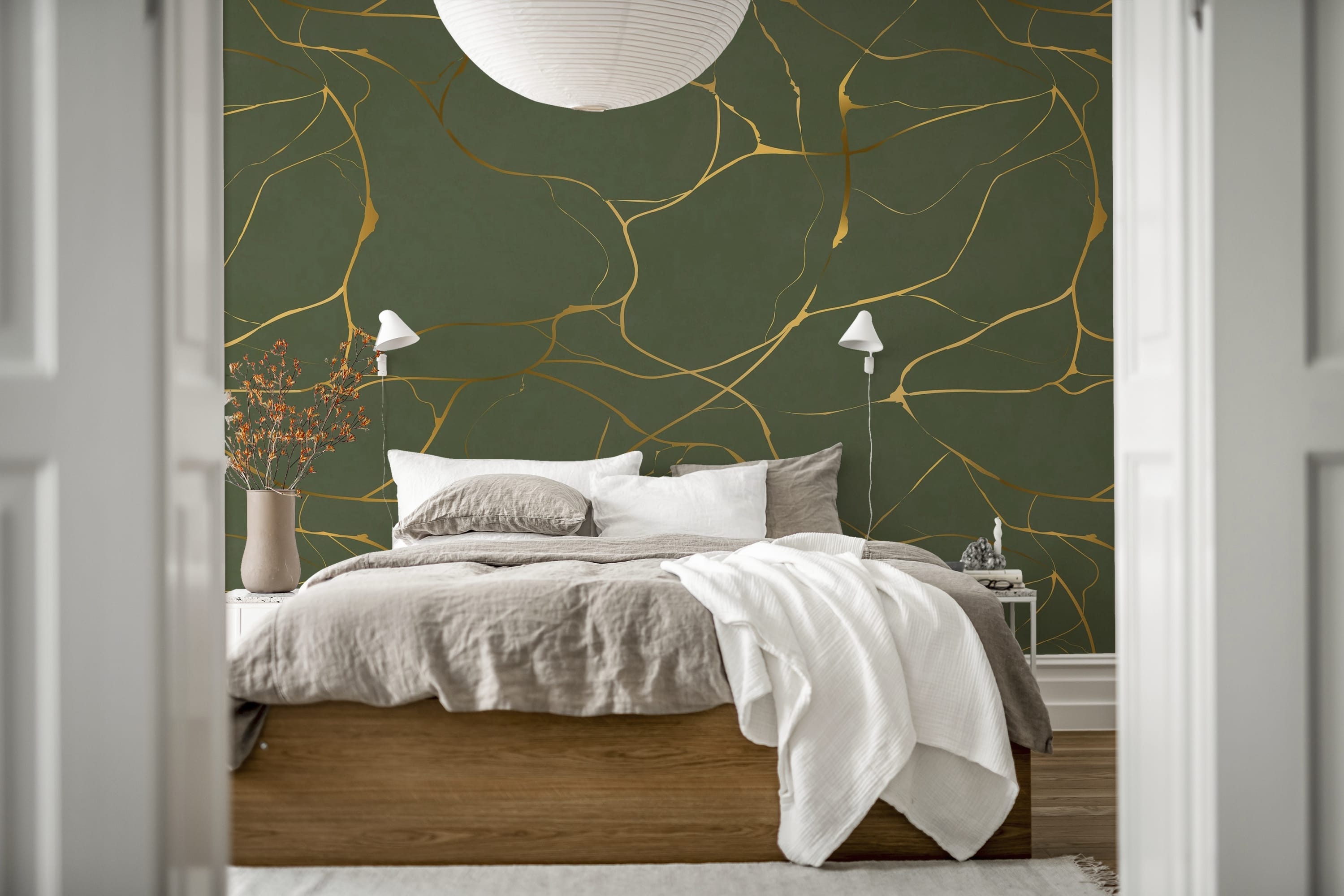 Tapet gold swirl, dark green, rebel walls