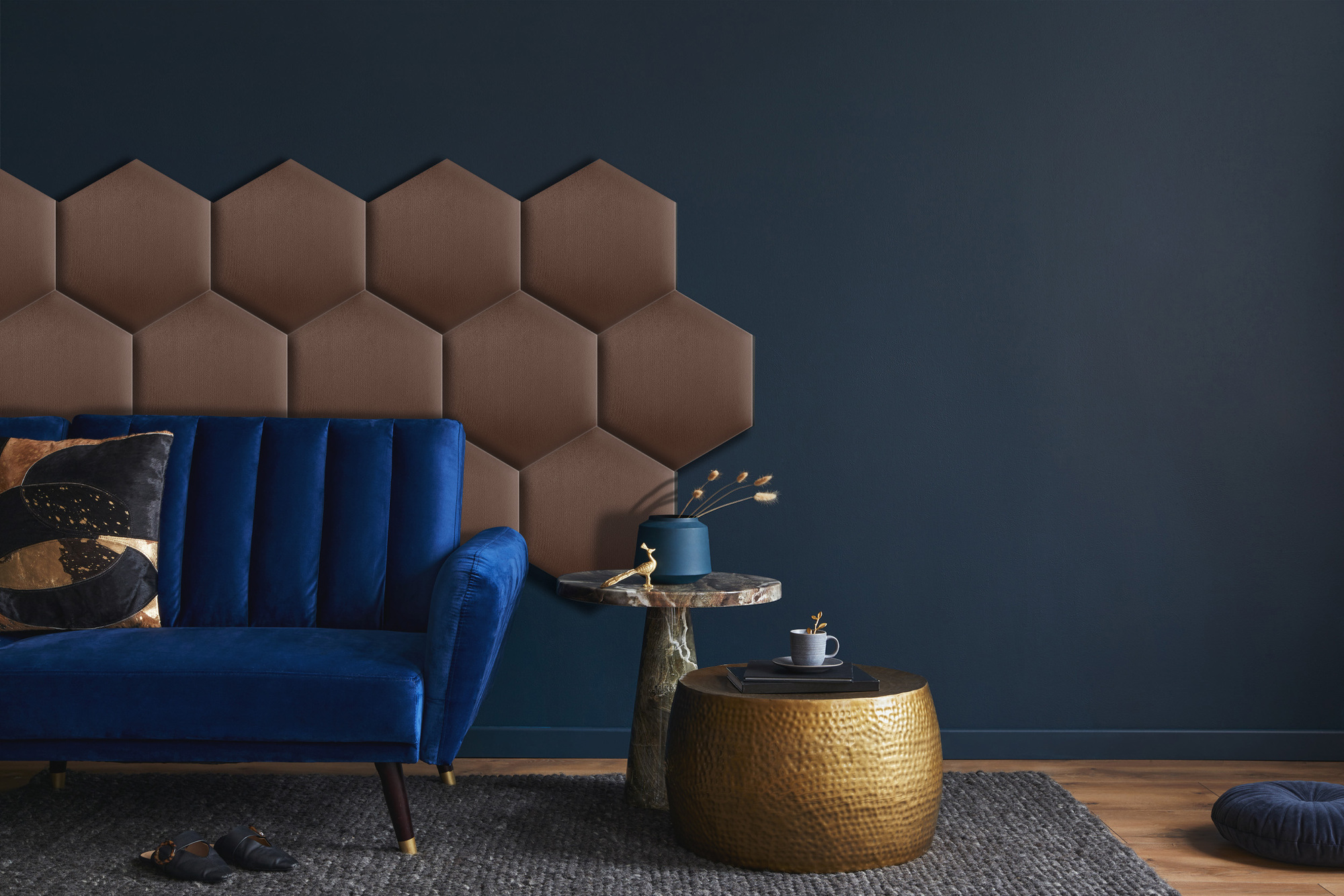 Panou tapițat hexagon catifelat, maro, Simply Wall Panels