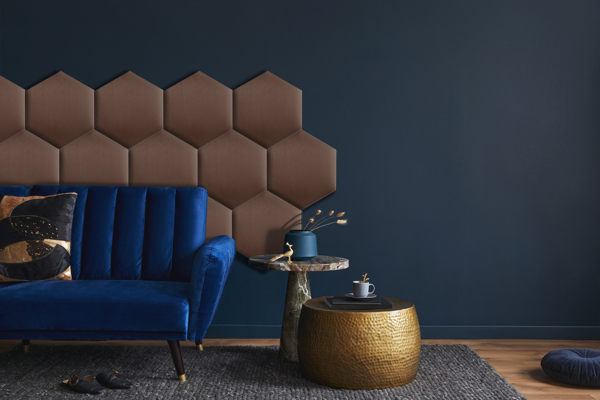 Panou tapițat hexagon catifelat, maro, Simply Wall Panels
