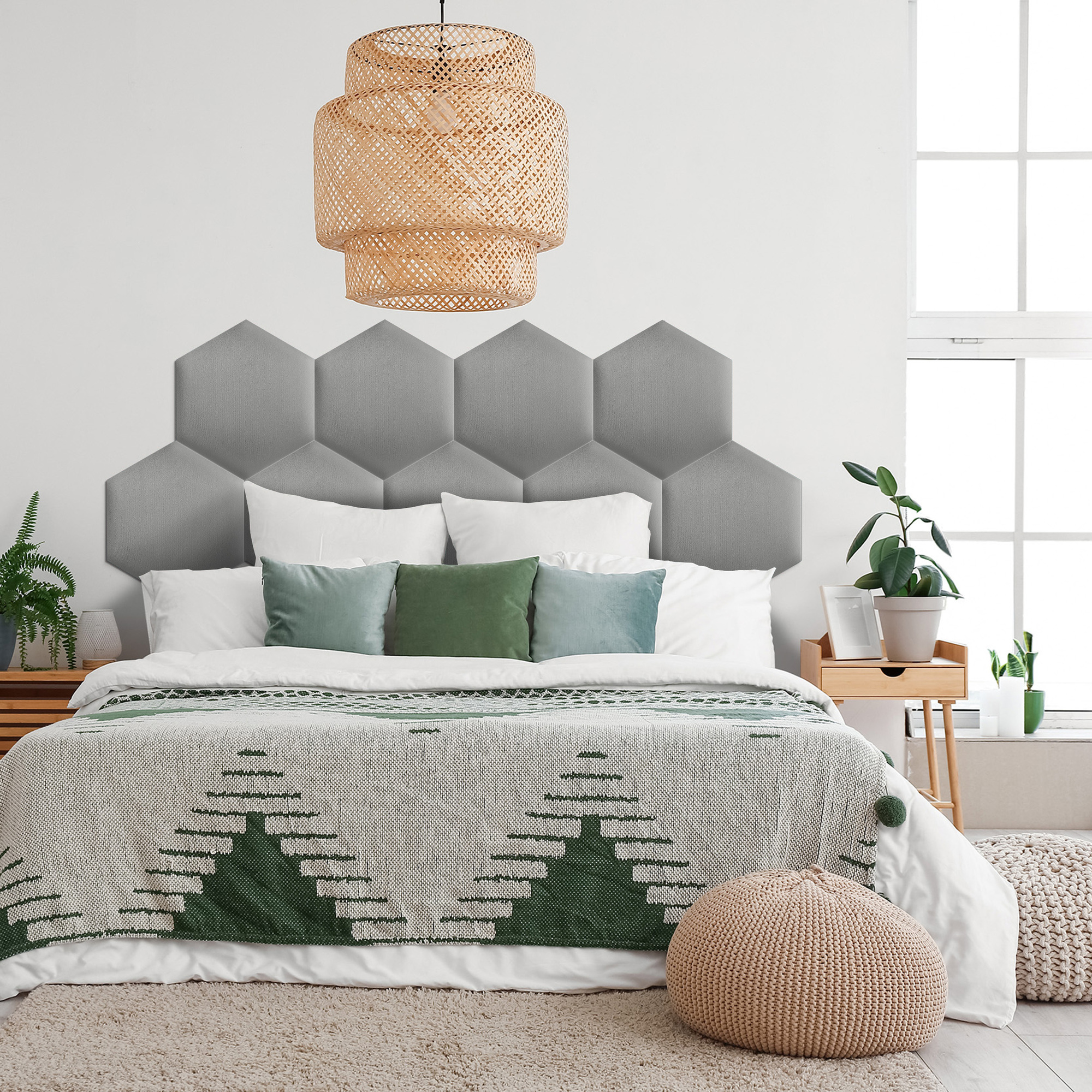 Panou tapițat hexagon catifelat, gri deschis, Simply Wall Panels