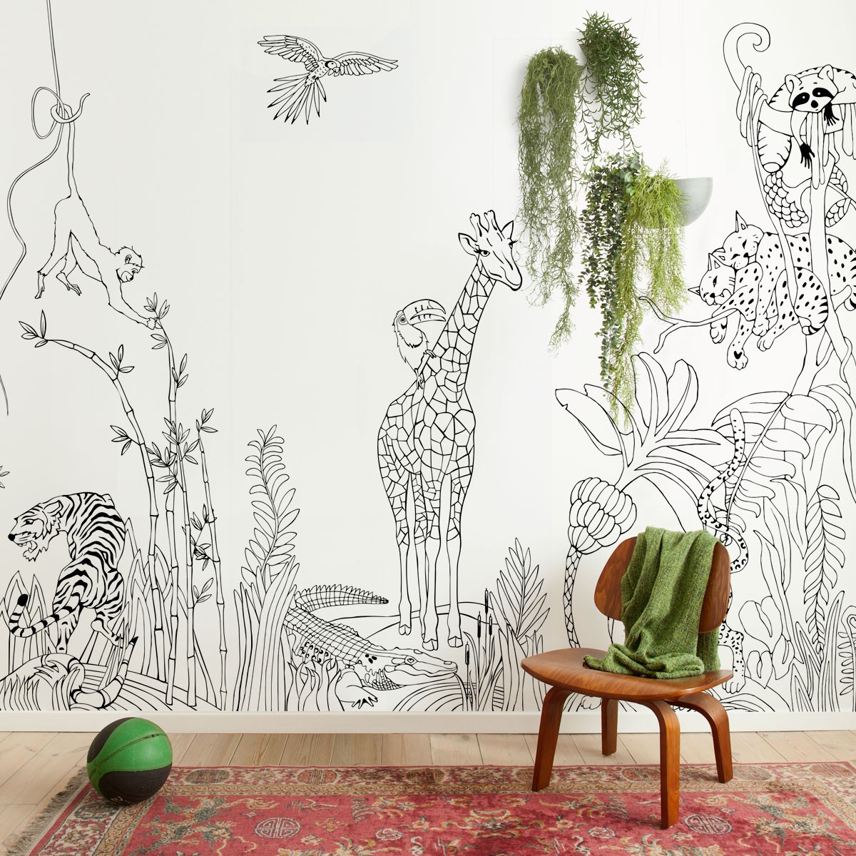 Tapet magnetic alb, junglă, girafă, raton și maimuță, 100×265 GroovyMagnets