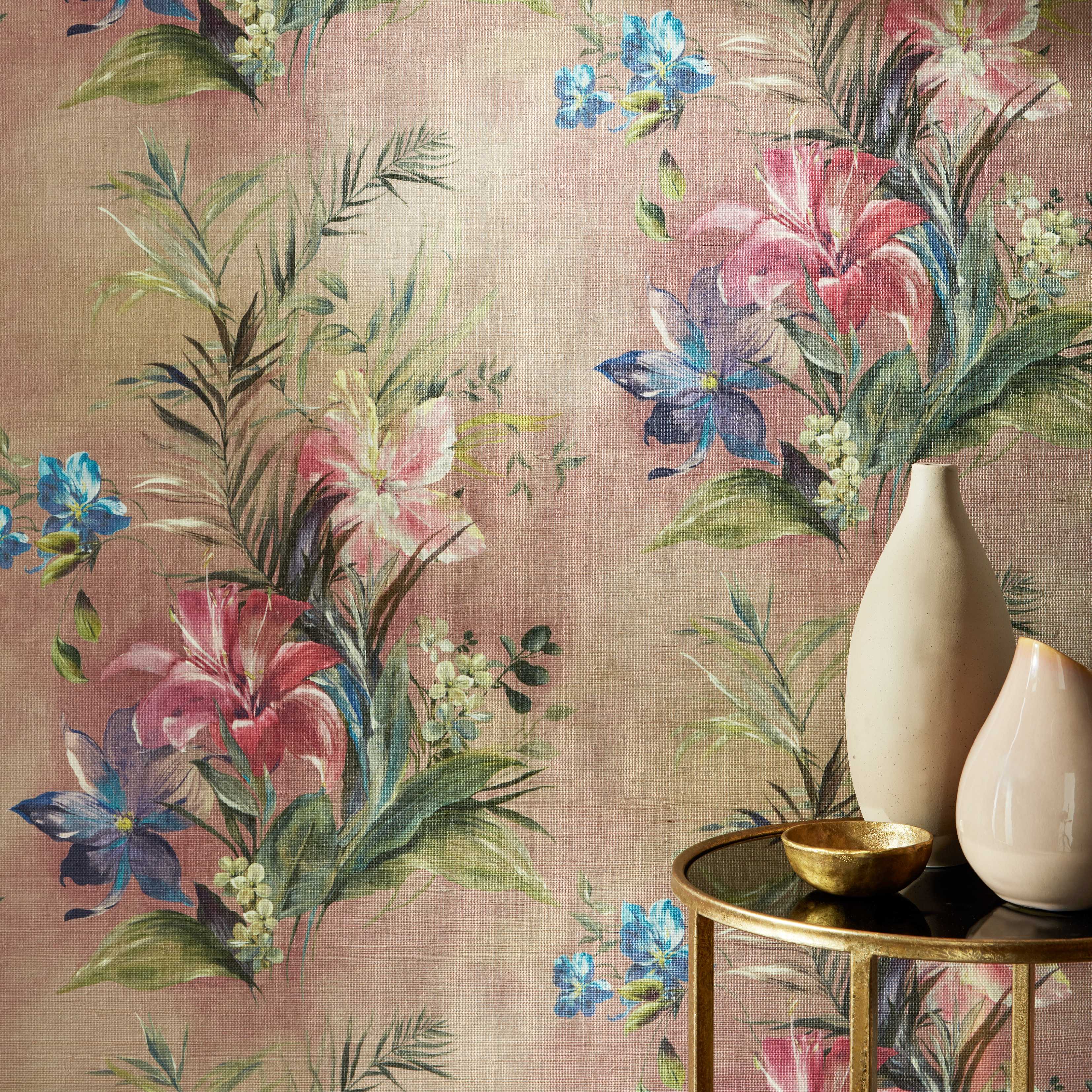 Tapet lilliana, blush pink luxury floral, fibre naturale (grasscloth), 1838 wallcoverings, 5.1mp / rola 