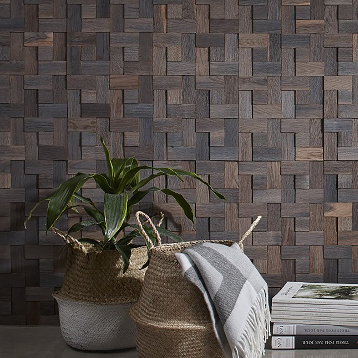 Panouri decorative din lemn mosaic - basketweave oak grey - 4 plăci 
